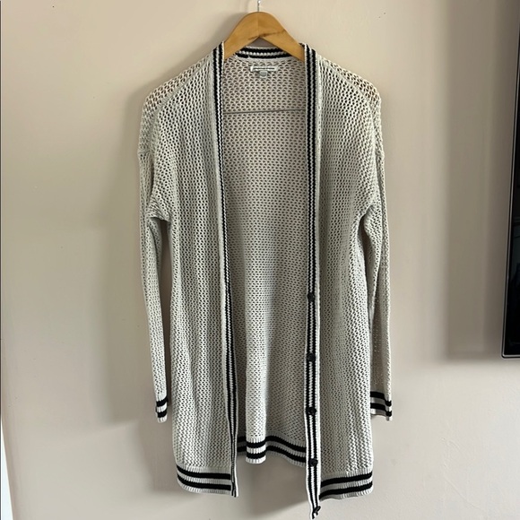 Cream and Black Long-Line Cardigan Sweater - Picture 1 of 5